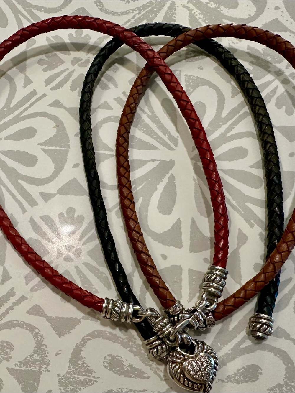Leather Necklace, sterling silver heart, 3 cords, in Burgundy, Black, and Brown